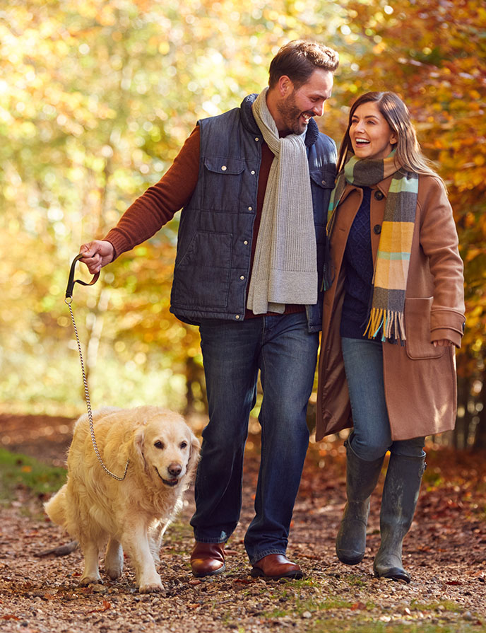 Share Certificates Account image of man and woman walking dog in fall leaves